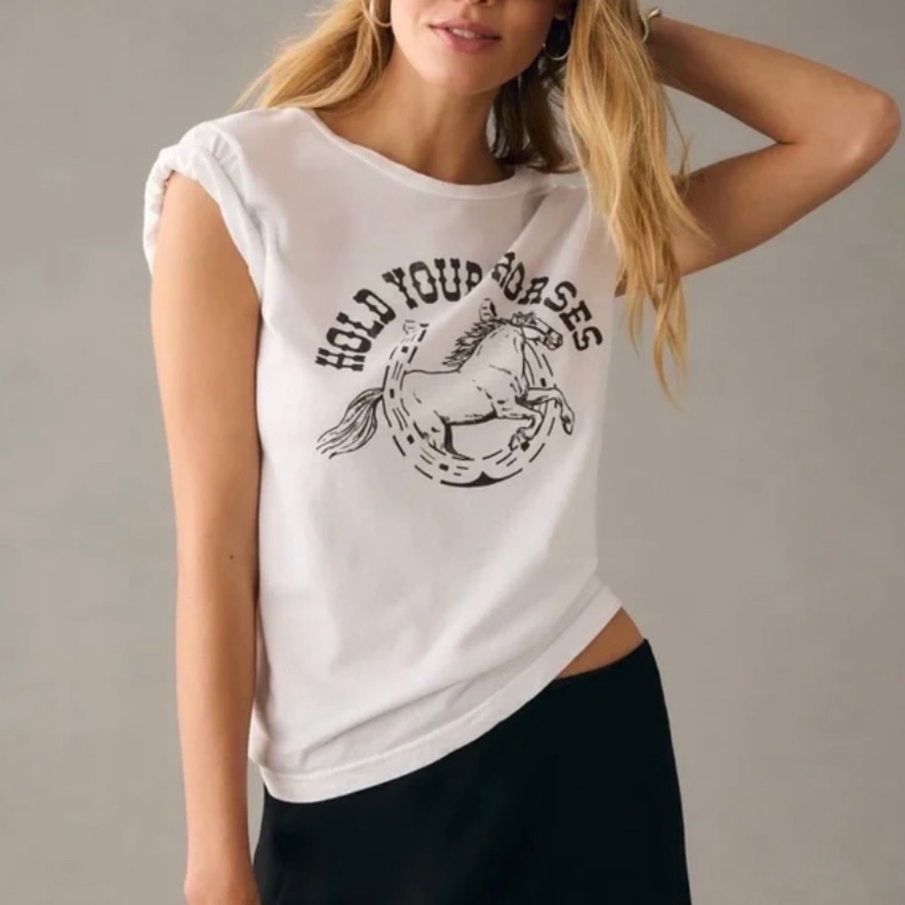 Anthropologie White L Short Sleeve T Western Costal Cowgirl